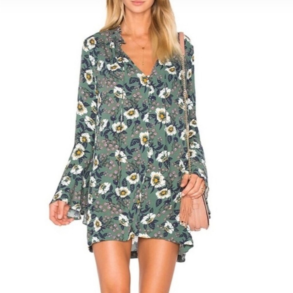 Free People Floral Green Tunic Dress With Bell Sleeves Size Small